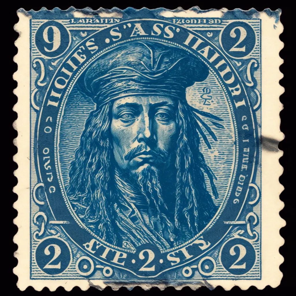 vintage 2 cent postage stamp of Captain Jack Sparrow, blue ink, line engraving, intaglio